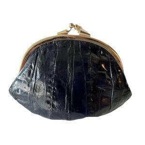 Genuine Eel Skin Double Kiss Lock Dark Navy Blue Small  Purse Clutch Made Korea